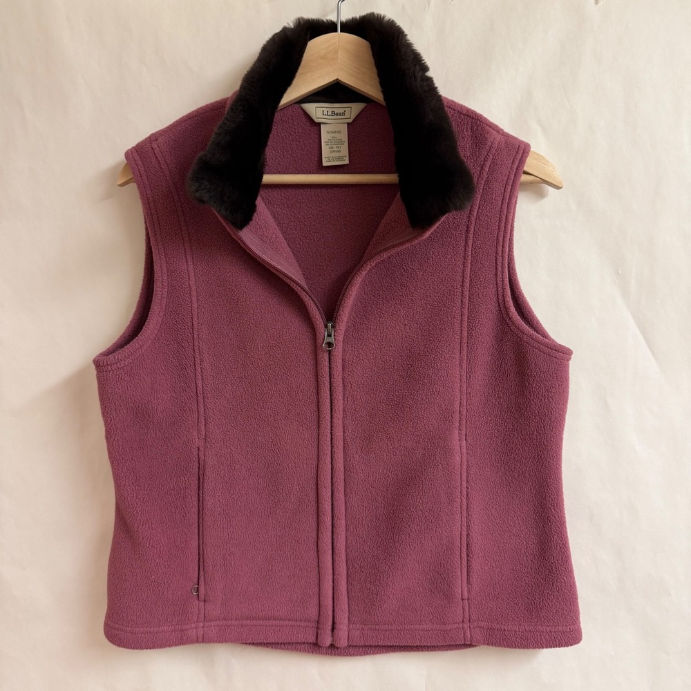 LL Bean Womens Fleece‎ Vest Berry Pink Faux Fur Collar Full Zip Petite S Gorp